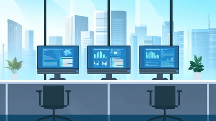 Poster - Modern office control room with screens showing data