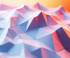 Poster - Geometric Landscape in Warm Hues: An abstract low-poly landscape with jagged, mountain-like peaks, rendered in soft gradients of orange and blue.