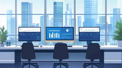 Poster - Modern office with city view monitors