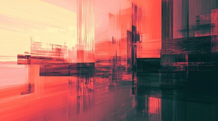 Poster - Cityscape Abstract: A dynamic abstract representation of a cityscape, using a blend of red, and teal hues to create a sense of depth and movement, suitable for modern architectural concepts.