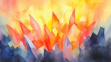 Poster - Watercolor Crystals and Light: A vibrant watercolor painting depicts a collection of colorful, jagged crystals, radiating warm light from behind in a burst of radiant energy and mystique.