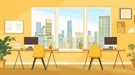 Poster - Modern office with city view, workspaces. Possible use for interior design, business, work from home