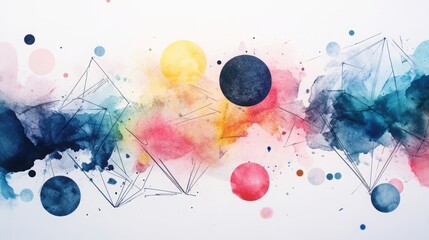 Poster - Abstract Watercolor Universe: a vibrant and expansive watercolor painting, capturing the beauty of the universe in a burst of color and form. Spheres and lines float harmoniously.