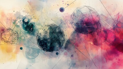 Poster - Celestial Watercolor: An abstract artistic representation of planets and galaxies, blending watercolor textures and geometric shapes to create a captivating and imaginative cosmic scene.