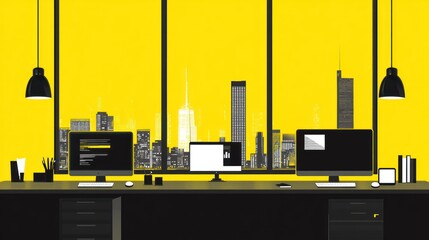Poster - Modern Office Desk, City View, Minimalist Design, for Website Background
