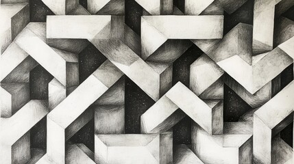 Poster - Geometric Harmony: An intricate grayscale illustration showcases an abstract design composed of interconnected three-dimensional geometric shapes.