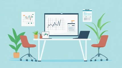 Poster - Modern office workspace with graphs and presentations