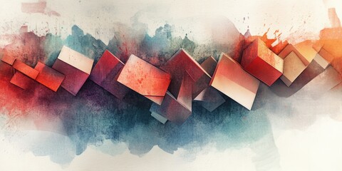 Poster - Abstract Architectural Composition: An artistic rendering of geometric structures, interwoven with splashes of watercolor, offering a modern and vibrant visual representation. 