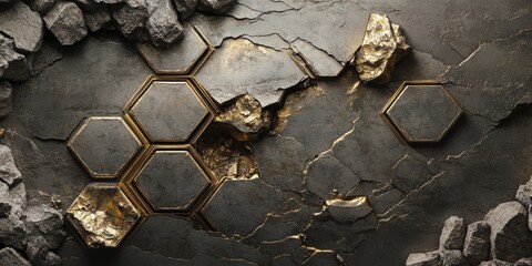 Poster - Geometric Gold and Stone: Abstract textural image of a weathered stone surface embedded with a series of gold hexagon elements, offering a modern aesthetic and a touch of opulence. 