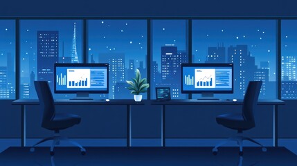 Poster - Night office view with computers and city skyline. Ideal for presentations or articles about work efficiency