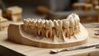 © GRACE - Detailed model of human teeth on wooden base in dental workshop setting
