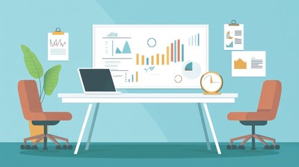 Poster - Modern office workspace with reports and data charts.  Possible use Business presentation