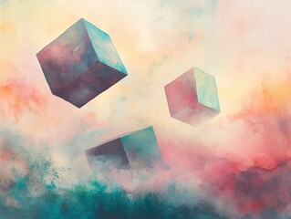 Poster - Floating Cubes in Abstract Clouds:  Three enigmatic cubes, rendered in soft pastels and layered against a backdrop of swirling abstract clouds, create an ethereal dreamscape.
