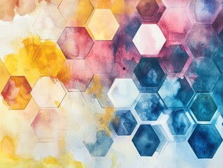 Poster - Colorful Hexagon Watercolor: An abstract composition featuring overlapping watercolor washes and geometric hexagon patterns, creating a visually dynamic and modern design.