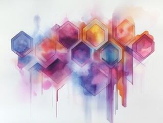 Poster - Abstract Geometric Watercolor Hexagons: A vibrant composition of interconnected watercolor hexagons, blending hues and textures in a captivating display of artistic expression.