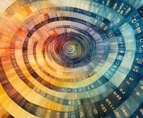 Poster - Data Spiral: Abstract representation of data, arranged in a mesmerizing spiral pattern, radiating with digital information, evokes a sense of complexity and interconnectedness.