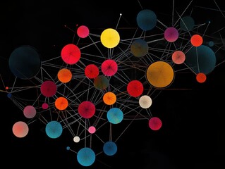 Poster - Interconnected Ideas: A complex network of colorful spheres connected by lines, symbolizing the interconnectedness of ideas, data, and concepts on a black background. 