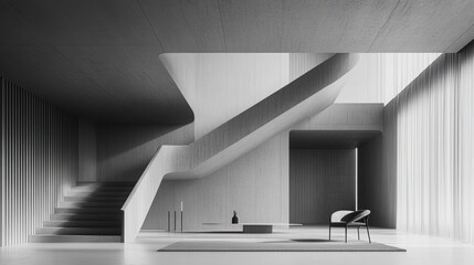 Poster - Staircase and Modern Interior: A minimalist modern interior featuring an elegant staircase as the focal point, with architectural lines and textures, creating a sense of space and light.