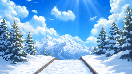 Poster - A serene winter landscape featuring snow-covered trees, a clear blue sky, and distant mountains illuminated by sunlight