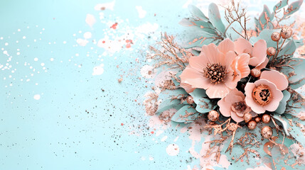 Aufkleber - A delicate floral arrangement featuring soft pink flowers and greenery against a light blue background, enhanced with sparkling accents