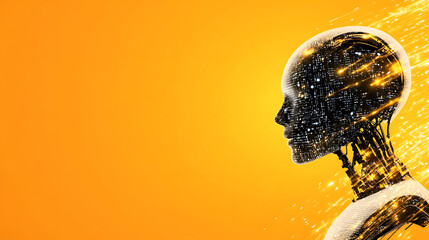Poster - A futuristic robot silhouette against an orange background, symbolizing artificial intelligence and technological advancement