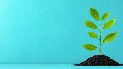 Poster - A small green plant with vibrant leaves emerges from dark soil against a bright turquoise background, symbolizing growth and renewal