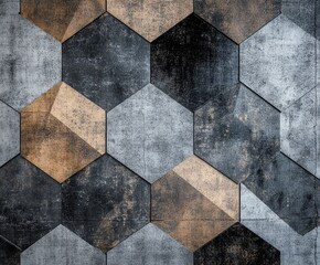 Poster - Hexagonal Tile Pattern: Abstract geometric background featuring a repeating pattern of hexagonal tiles in shades of gray, brown, and black, creating a textured and industrial aesthetic.