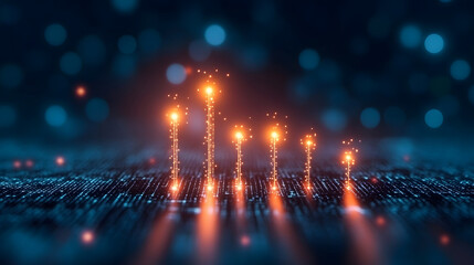 Poster - A digital visualization of glowing data points rising in a graph-like formation, symbolizing growth and technology