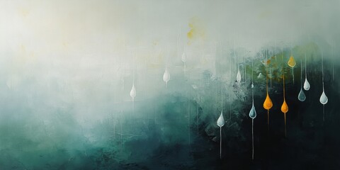 Poster - Artistic Raindrops: An abstract artwork featuring stylized raindrops in various colors falling against a textured, moody backdrop, evoking a sense of serenity and introspection. 