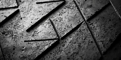 Poster - Arrow Tile Pattern: An artistic close-up view of a textured stone tile pattern, etched with sleek arrow symbols in shades of gray and black.