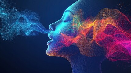 Poster - AI-Enhanced Imagery of a Woman's Profile Breathing Colorful Waves