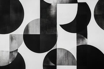 Poster - Geometric Harmony: A mesmerizing black and white abstract composition, featuring interlocking circles, squares, and semi-circles.