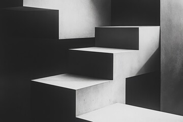 Poster - geometric ascent: a stark, architectural image of a staircase rendered in monochrome, showcasing sha