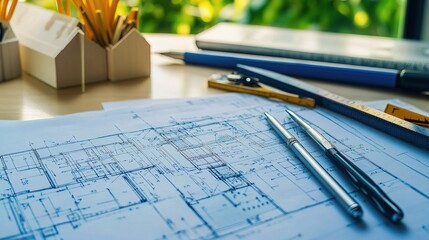 Poster - Detailed Blueprint of an Office Building Design on a Desk