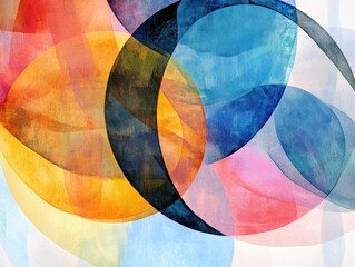 Poster - Abstract Watercolor Overlap: A vibrant composition of overlapping watercolor circles, showcasing a rich palette of colors that dance and blend, creating a sense of depth, fluidity.