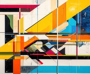 Poster - Vibrant Geometric Abstraction: An abstract composition bursts with bold geometric shapes and a dynamic interplay of colors, creating a visually stimulating and modern artwork. 