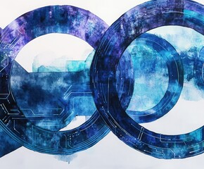 Poster - Intertwined Circuitry: A digital art piece showcasing a complex network of interlocking circles and circuit patterns, rendered in vibrant shades of blue and purple.