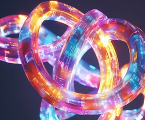 Fototapete - digital circuit loops: a dynamic close-up reveals glowing, interconnected digital circuits, forming 