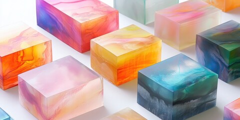 Poster - Abstract Blocks: An array of translucent, multi-colored geometric blocks showcase vibrant, layered hues, creating a modern, artistic composition. 