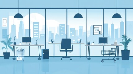 Poster - Modern office space with city view, minimal design. Possible use Stock photo for business, workspace, office inspiration