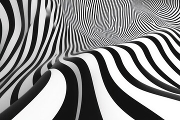 Poster - Optical Illusion: Bold black and white striped lines converge and flow, creating an abstract, mesmerizing pattern.