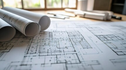 Poster - Detailed Architectural Floor Plan with Rolled Blueprints on Table
