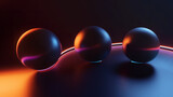 Glowing Spheres and Light Trails. A futuristic composition featuring three dark spheres emitting subtle glows, connected by neon light trails in hues of orange, purple, and blue