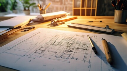 Poster - Detailed Blueprint of an Office Building Design on a Desk