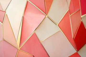 Poster - Geometric Harmony: An artistic composition of triangles and irregular shapes in shades of pink, red, and white, bordered by golden accents.
