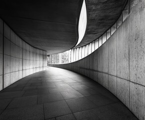Poster - architectural symmetry: a monochromatic study of a modern interior featuring curved walls, concrete,