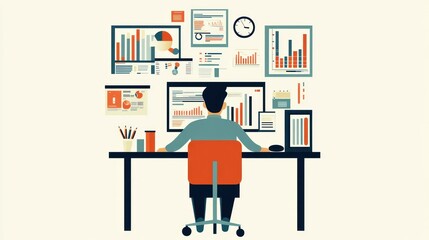 Poster - Businessman working at computer with multiple graphs and charts