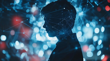 Poster - Silhouette of a person with network connections blue abstract background web data dark style image