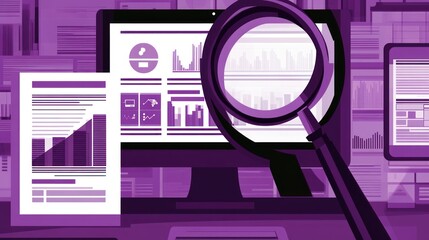 Poster - Business data analysis, magnifying glass, reports, office scene