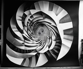 Poster - Abstract Spiral Illusion: Captivating black and white geometric spiral design, crafted from a series of meticulously arranged lines and shapes, creating an optical illusion of depth and movement.